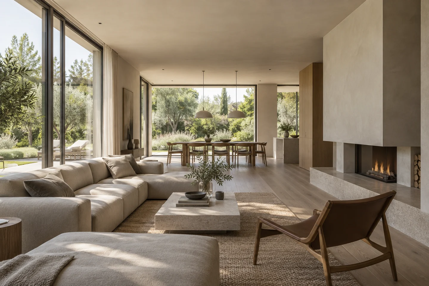 Architekturvisualisierung eines offenen Wohn- und Essbereichs mit großen Gartenfenstern, Naturmaterialien und weichem Tageslicht
