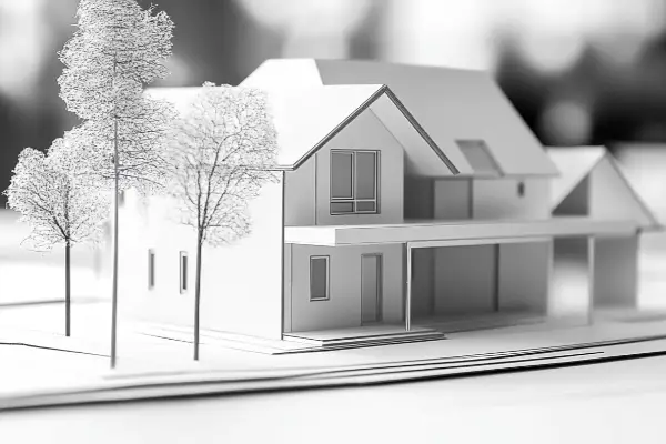 Schwarz-weiße Architekturvisualisierung eines Wohnhauses in der Planung