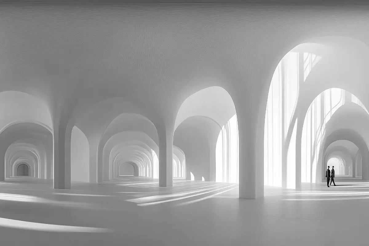 Schwarz-weiße räumliche Architekturvisualisierung mit einer Folge von Gewölben