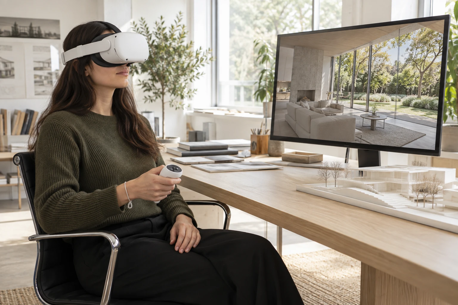 Eine Frau erlebt einen Architekturentwurf mit einer VR-Brille. Sie hält einen Quest-3-Controller in der rechten Hand; ihre linke Hand liegt im Schoß.