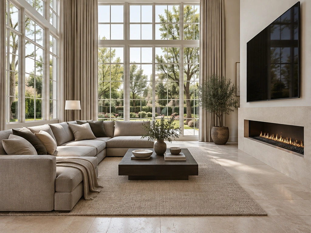 Architekturvisualisierung eines hellen Wohnraums mit großen Fenstern, Sofa und Kamin