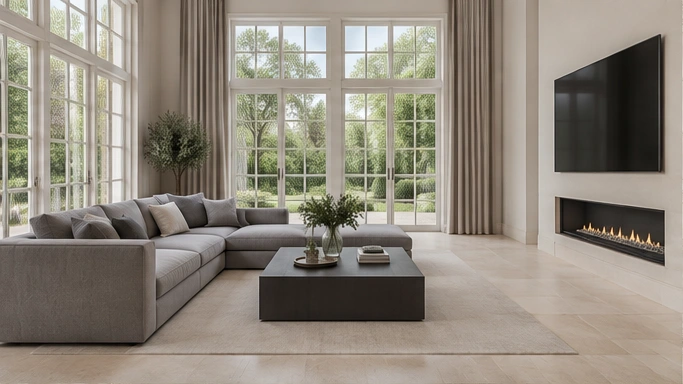 Beispiel eines Wohnraums mit markierten Themen Raumgefühl, Licht und Materialien